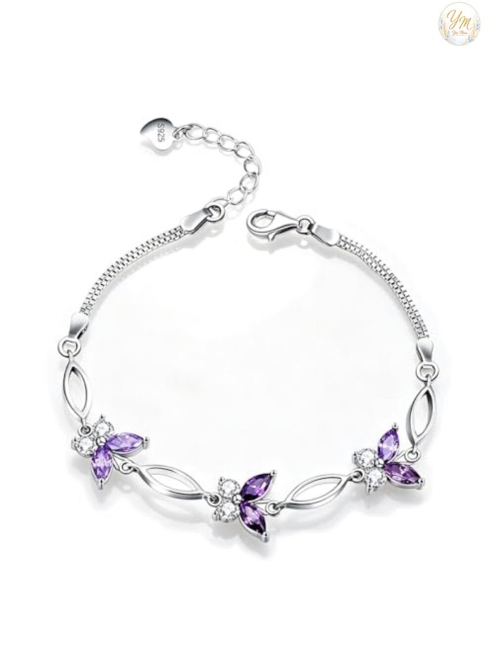 S925 Sterling Silver Purple Butterfly Adjustable Charm Bracelet Gift for Women